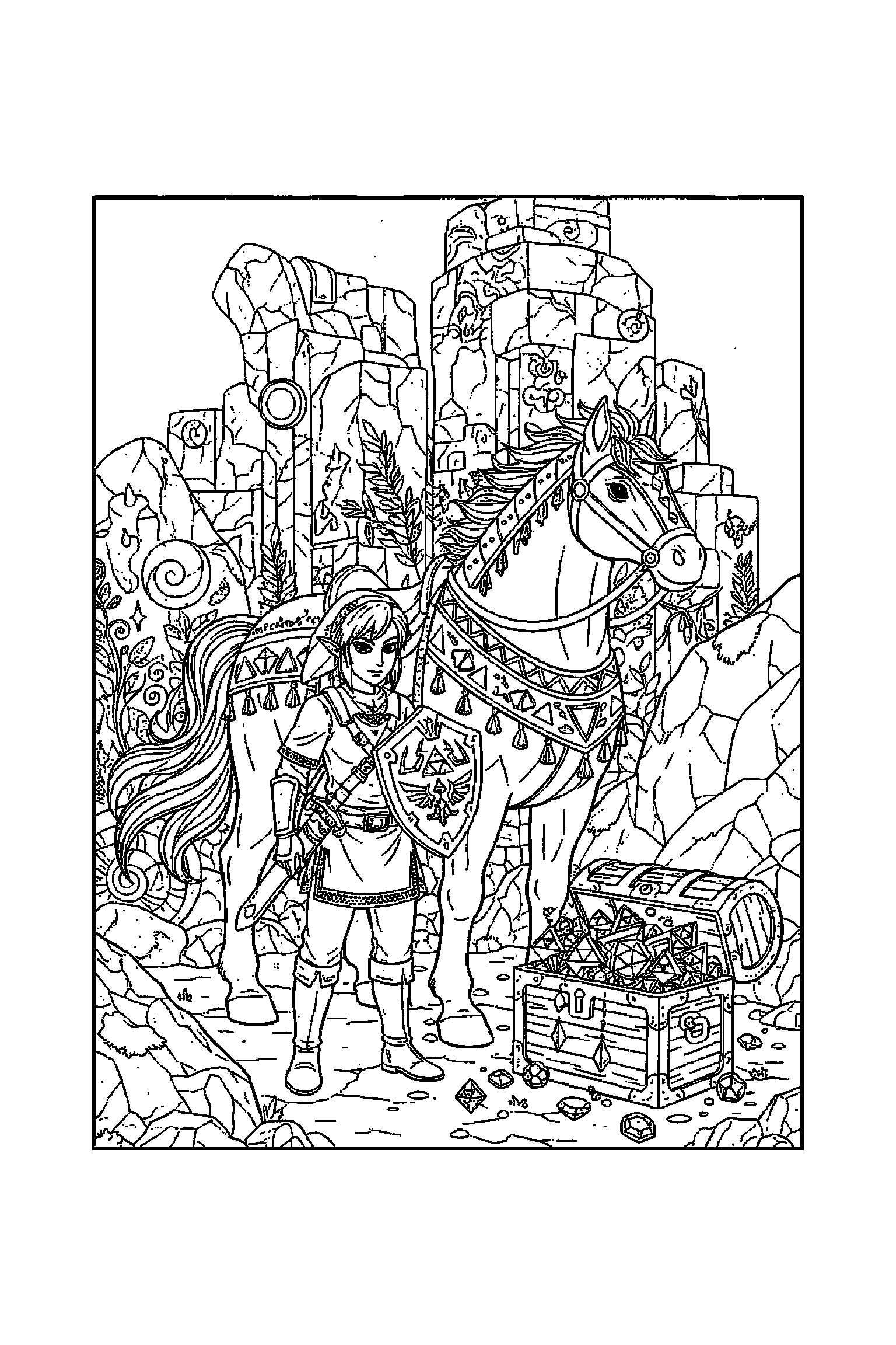 Coloriage Zelda gratuit à imprimer : scène verticale détaillée avec un cheval d'aventure et un coffre