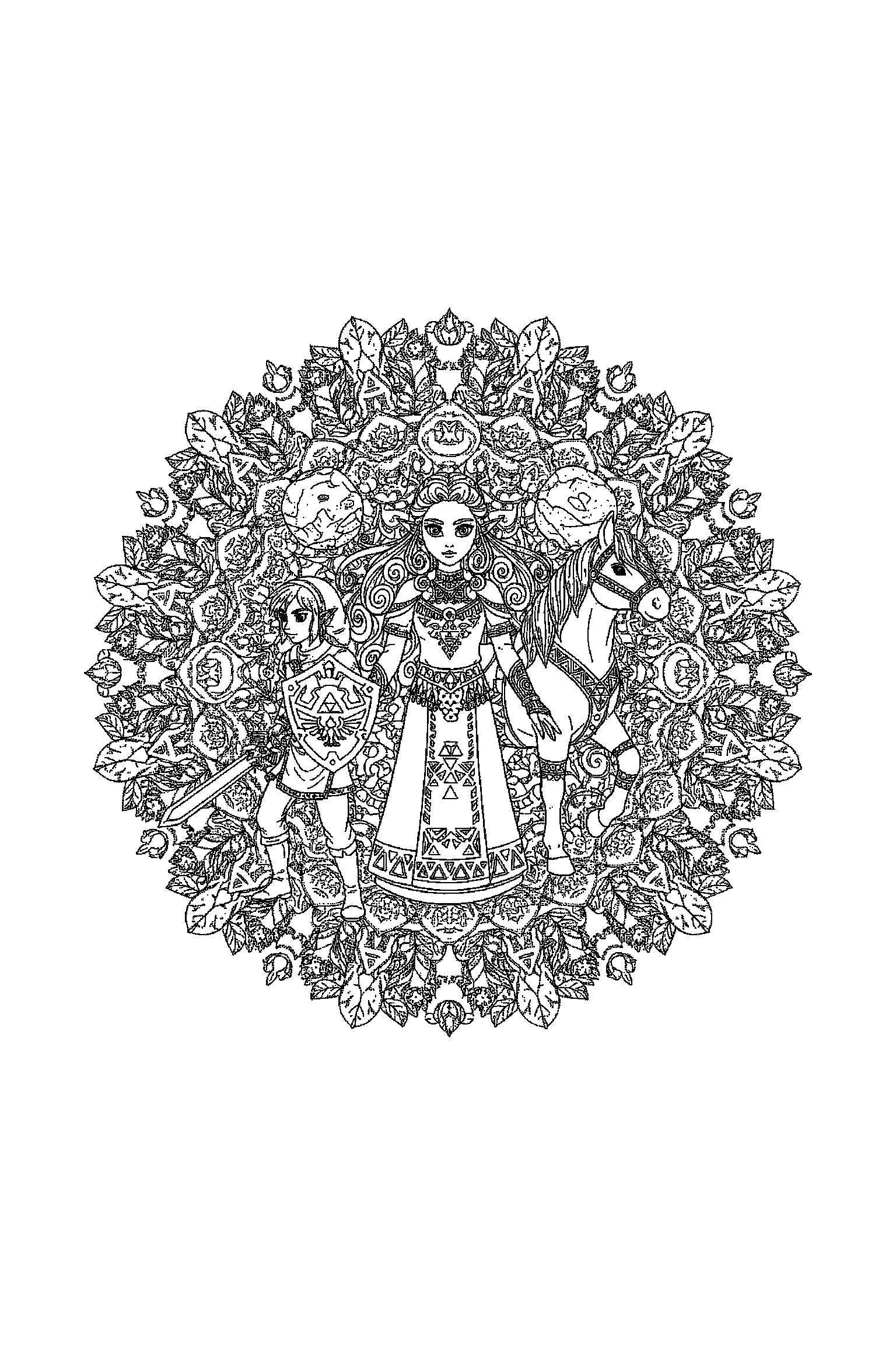 Coloriage Zelda gratuit à imprimer : grand coloriage détaillé de une princesse d'Hyrule avec spirales