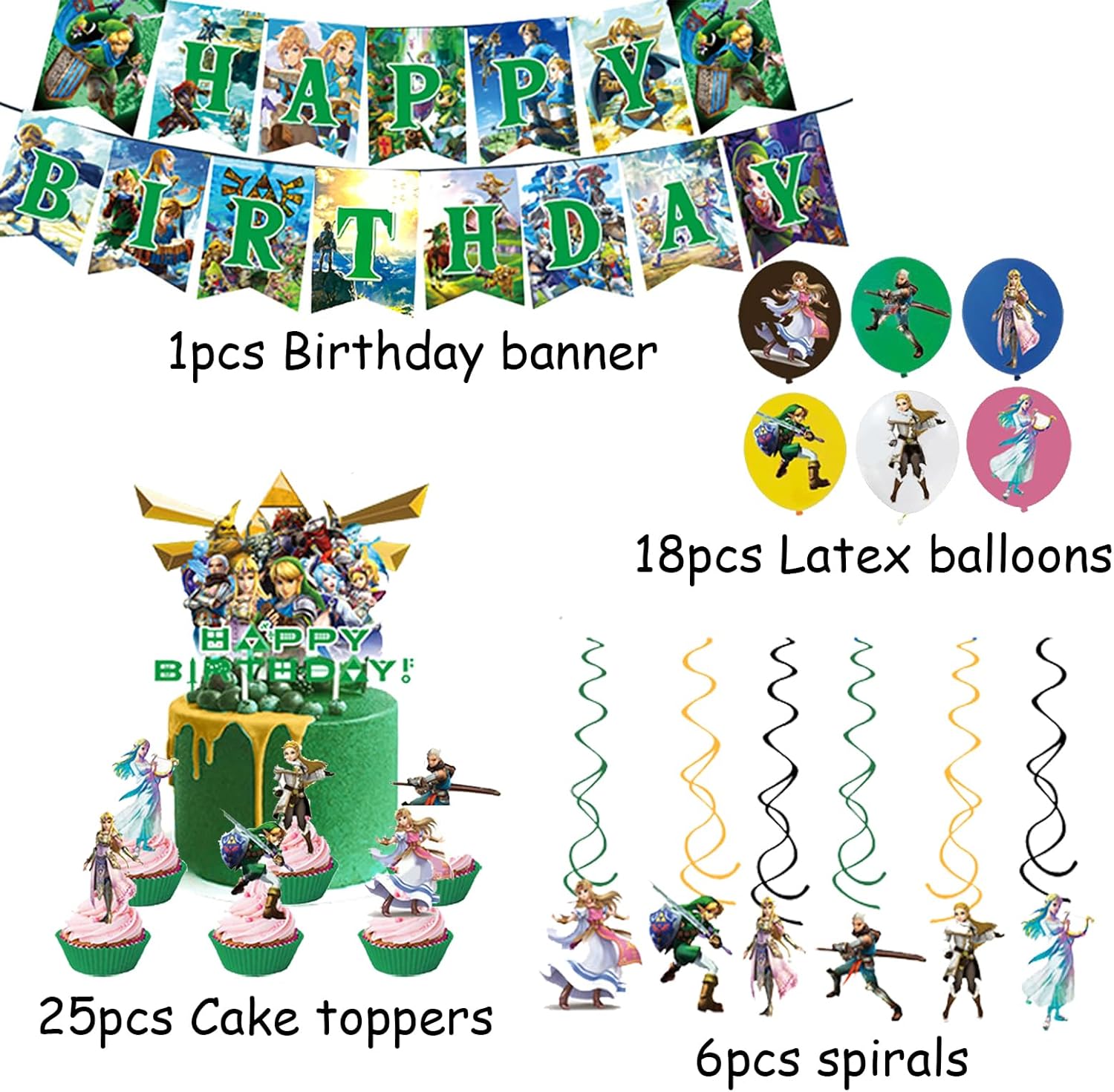 Pack anniversaire Zelda avec 25 décors de gâteau, 6 spirales, 1 bannière et 18 ballons – Image 2