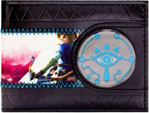 Portefeuille bi-fold noir Zelda Breath of the Wild à emblème Œil de Sheikah bleu