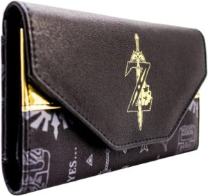 Porte-cartes Zelda Breath of the Wild tri-fold noir avec emblème de l'épée dorée de Link