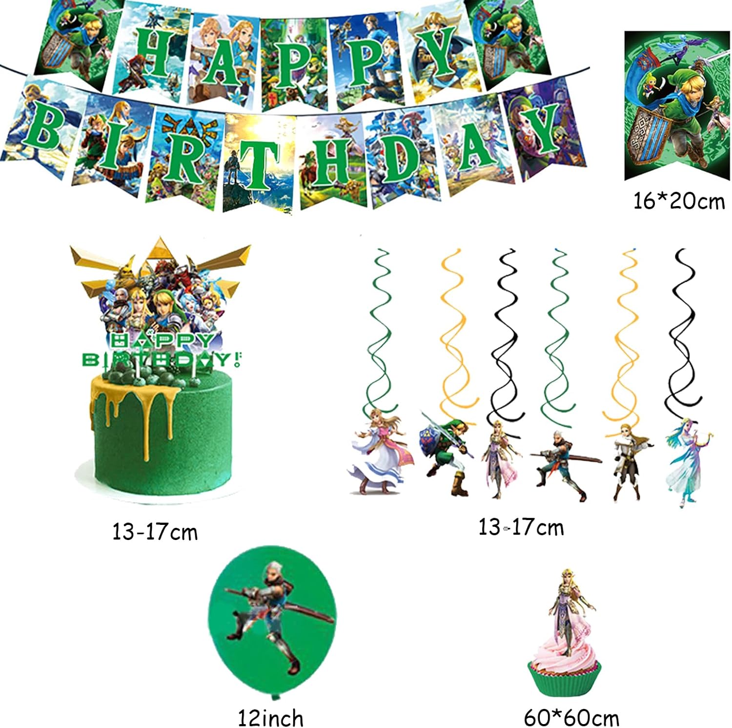 Pack anniversaire Zelda avec 25 décors de gâteau, 6 spirales, 1 bannière et 18 ballons – Image 3