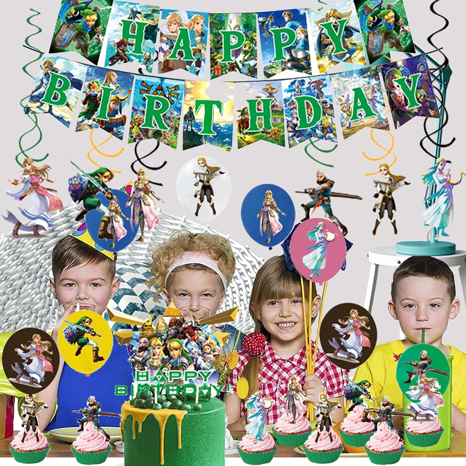 Pack anniversaire Zelda avec 25 décors de gâteau, 6 spirales, 1 bannière et 18 ballons – Image 4