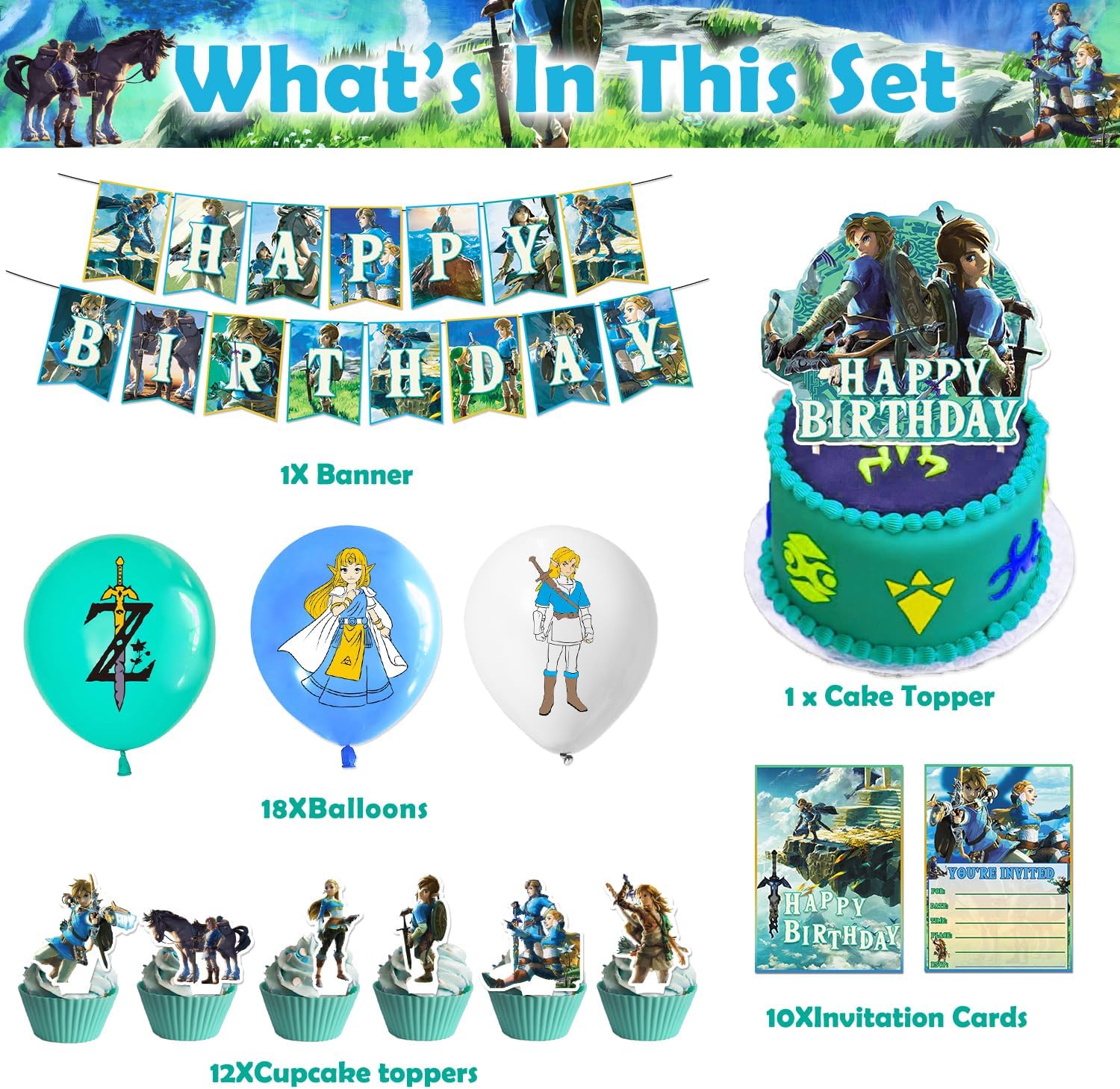 Set de ballons d'anniversaire Légende de Zelda bleu, bleu clair et blanc – Image 2