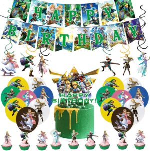 Pack anniversaire Zelda avec 25 décors de gâteau, 6 spirales, 1 bannière et 18 ballons