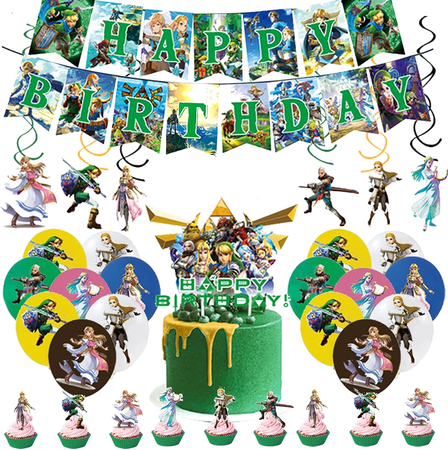 Pack anniversaire Zelda avec 25 décors de gâteau, 6 spirales, 1 bannière et 18 ballons
