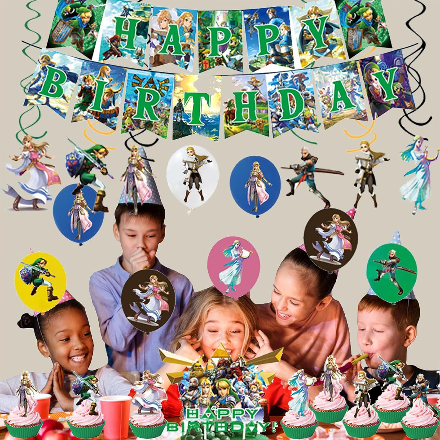 Pack anniversaire Zelda avec 25 décors de gâteau, 6 spirales, 1 bannière et 18 ballons – Image 5