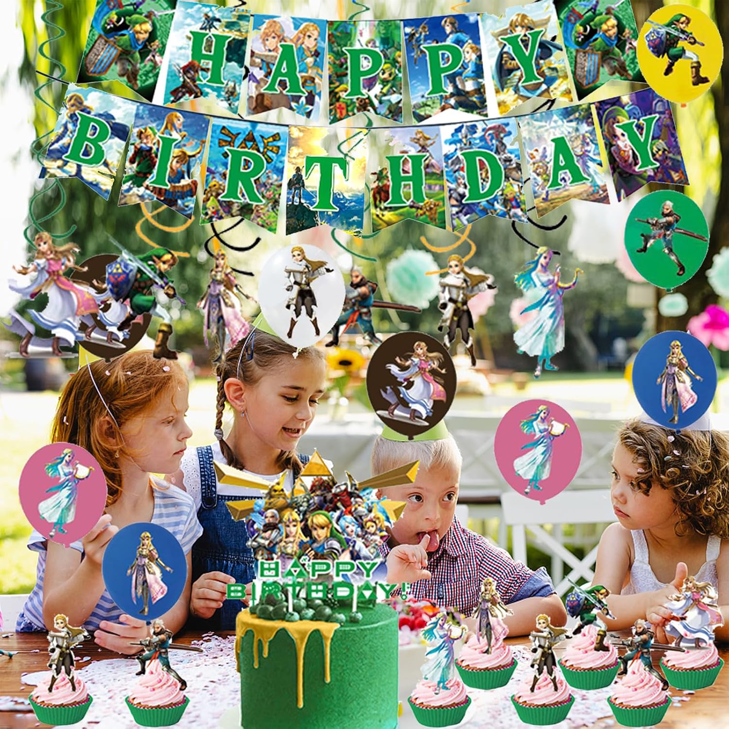 Pack anniversaire Zelda avec 25 décors de gâteau, 6 spirales, 1 bannière et 18 ballons – Image 7
