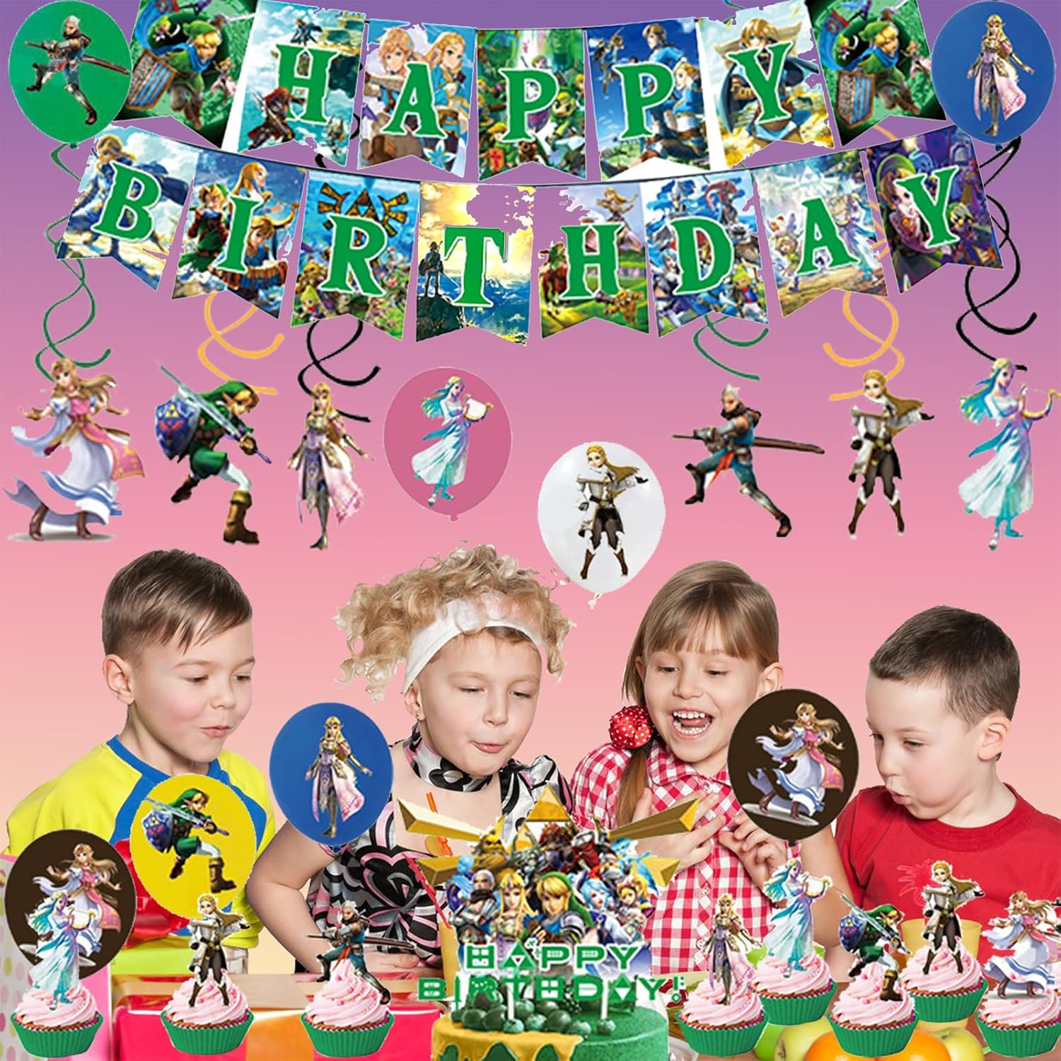 Pack anniversaire Zelda avec 25 décors de gâteau, 6 spirales, 1 bannière et 18 ballons – Image 6