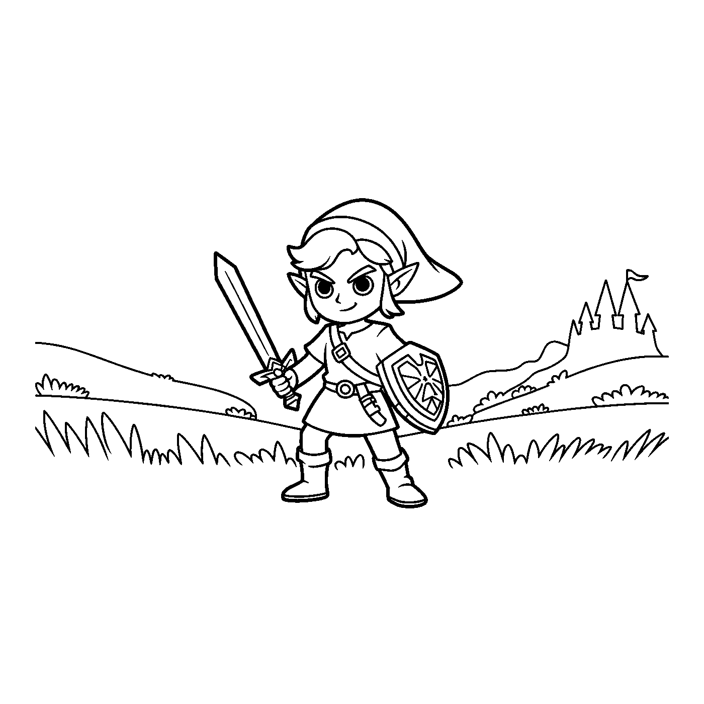 Coloriage Zelda gratuit à imprimer : héros d'Hyrule en forêt